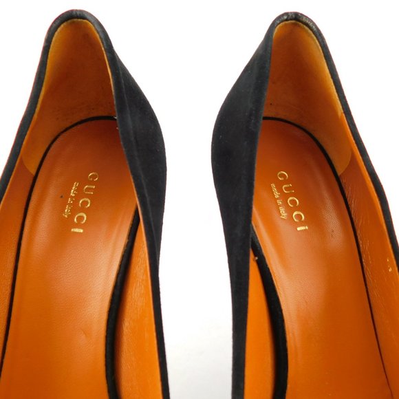 GUCCI Black Suede Leather Peep Toe Platform Heel Pumps 38.5 - Picture 10 of 11